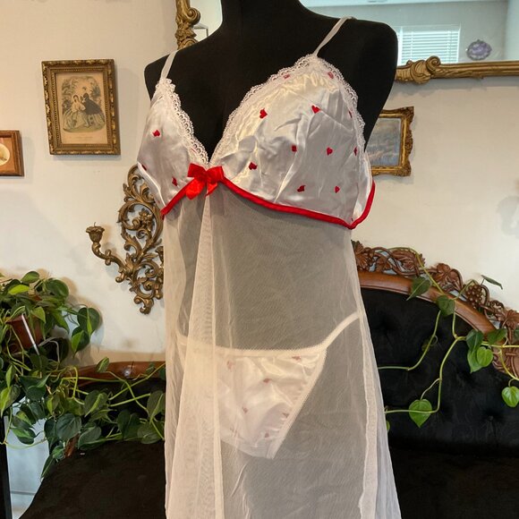 Vintage lingerie heart Secret Treasures Mesh Satin Slip Dress W/Panty Size 2X - Picture 2 of 7